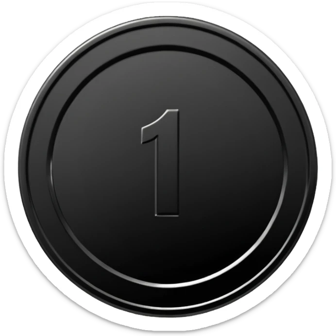 Emoji icon of a black coin with engraved number 1, minimalist style, isolated sticker