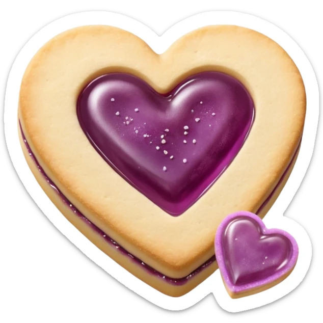 Realistic shortbread cookie in the shape of a heart with mauve jelly middle filling and sprinkled powder sugar on top. sticker