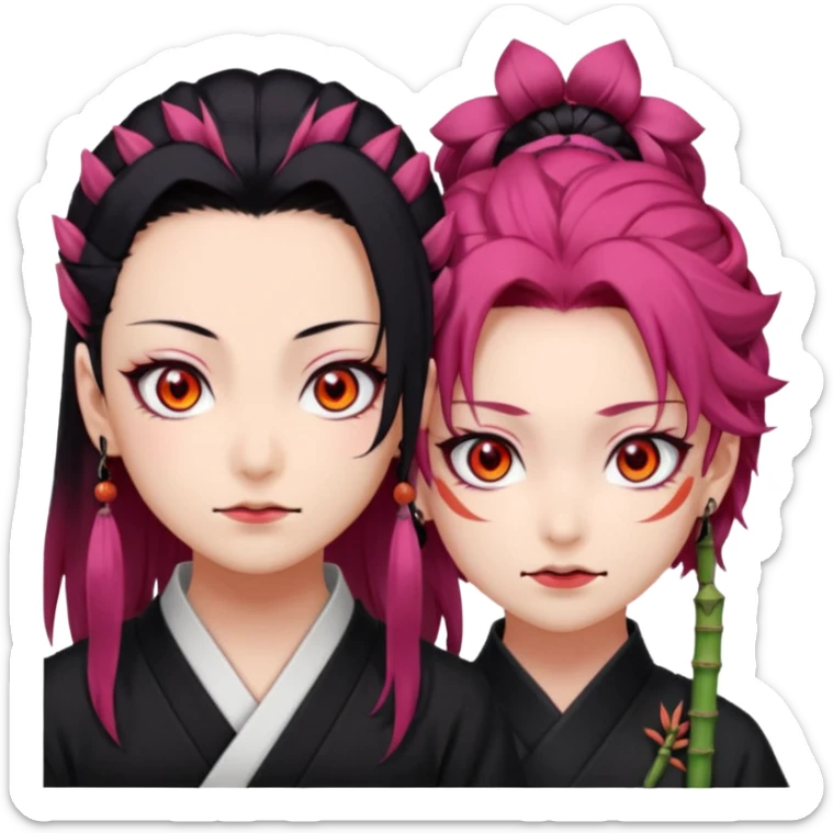 tanjiro: Kind red eyes, black hair with burgundy tips, forehead scar, tanned skin, Hanafuda earrings.                             nezuko:   Pink eyes, black-orange hair, fangs, bamboo muzzle. sticker