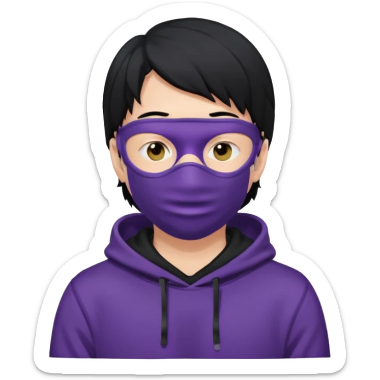 white man with black hair and black hoodie violett face mask thats covering the eyes sticker