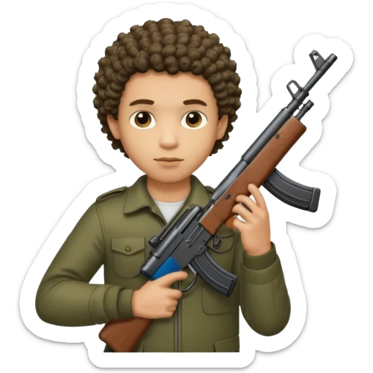 AK47 in hand, light skin male with shortest curly hair  and some cuts on the face  sticker