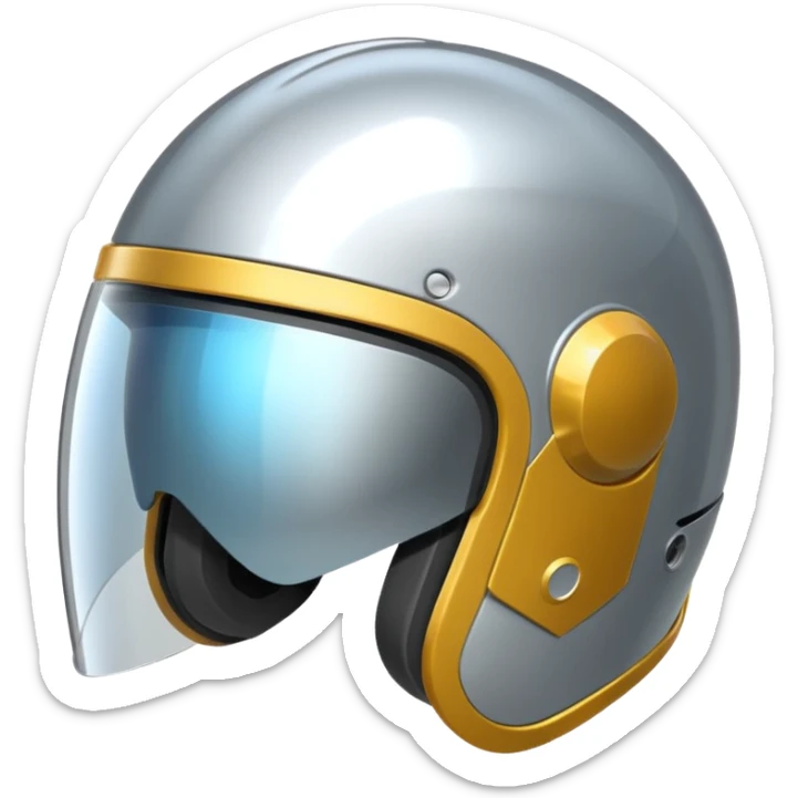 A futuristic helmet emoji made of silver chrome, smooth aerodynamic shape, minimal visor detail, reflective metallic surface, sci-fi aesthetic, iOS emoji style, centered on clean white background sticker