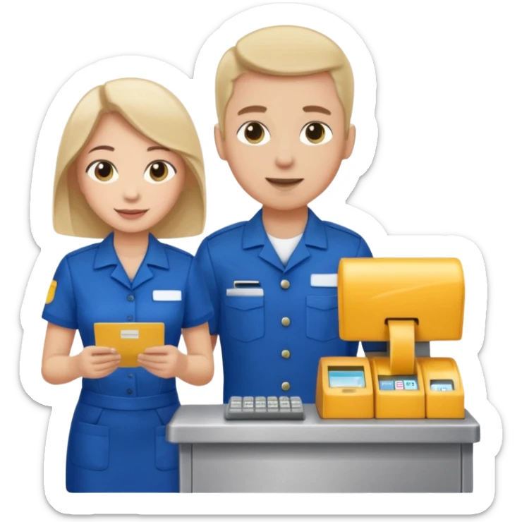 Supermarket employee at a cash register, full body, serving a man sticker