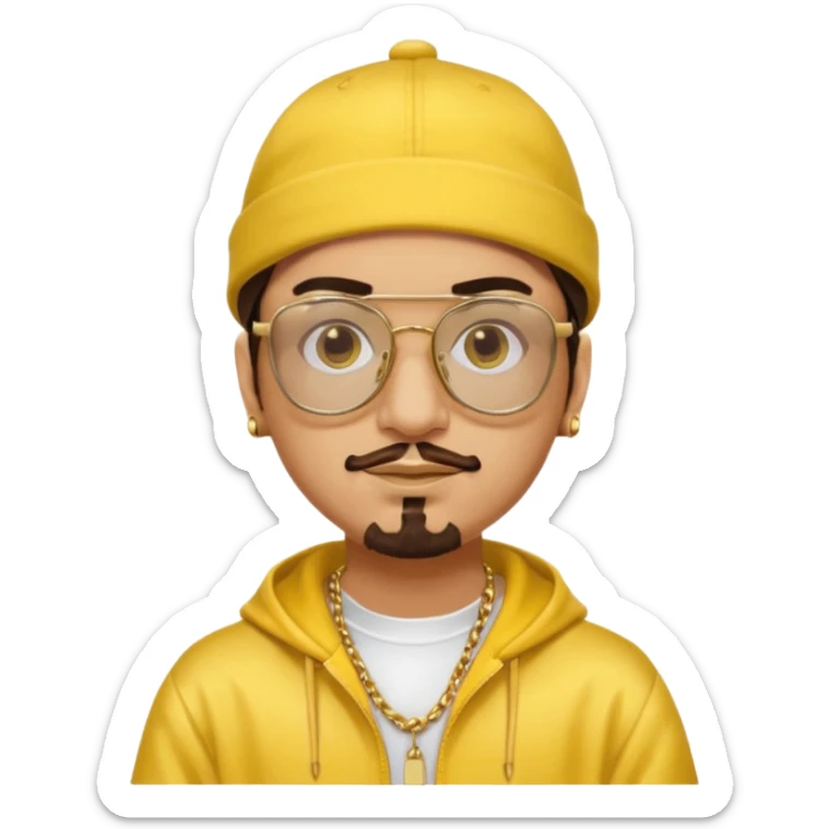 Ali G from Ali G Indahouse with brown eyes, dark brown hair, gold outfit, yellow glasses and hat sticker