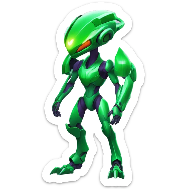 a shiny green Genesect-Raptor-Fakémon—hybrid with a futuristic visor-helmet full body sticker