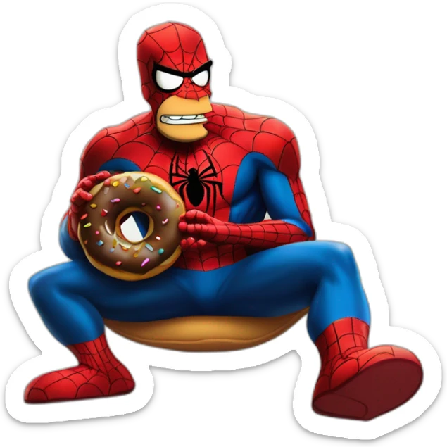 Homer Simpson déguisé en spider man avec un donuts deguisé lui aussi en spider man avec un chien lui aussi déguisé en spider man ainsi que toute sa maison est lui aussi déguisé en spider man sticker