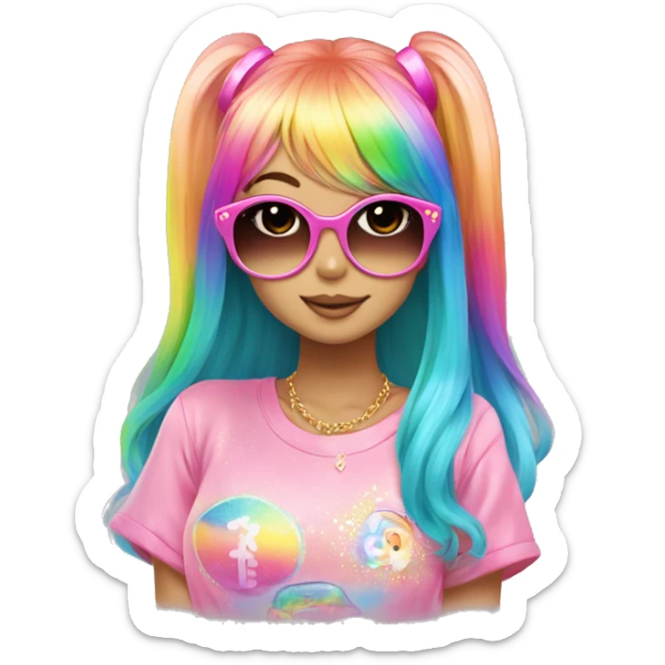 hime gyaru girl, rainbow hair with sparkle, colorful clothes, pink sunglasses sticker