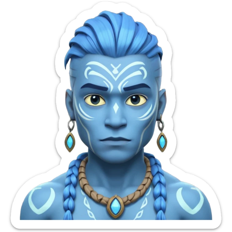avatar-style Na’vi male portrait, head and shoulders only, blue skin, bioluminescent markings, strong face features, braided hair, tribal necklace, heroic expression, 3D cartoon, mobile game icon style, clean background, no text, no watermark
 sticker