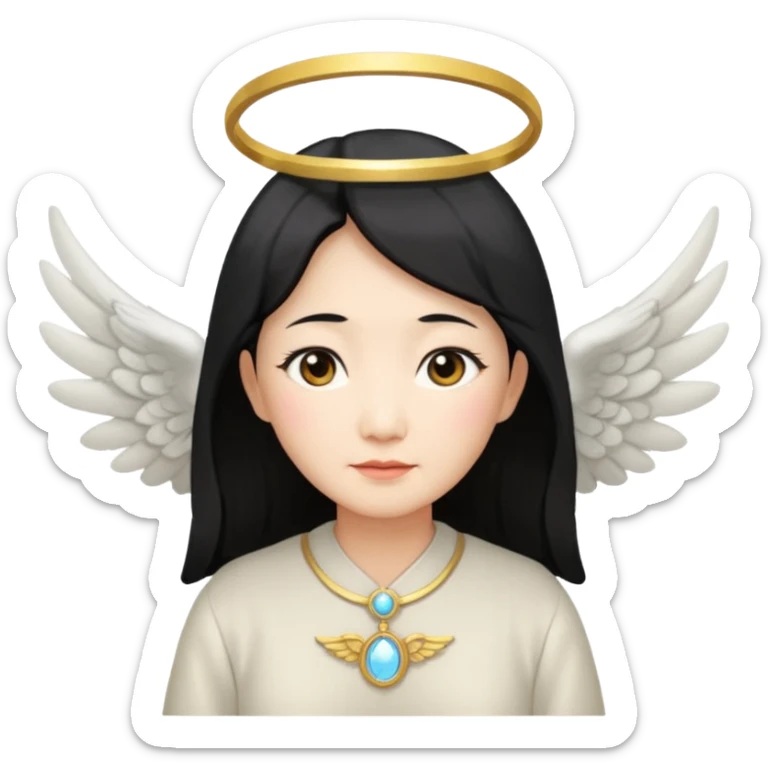 Angel Old Lady with wings black hair asian  smaller eyes w halo sticker