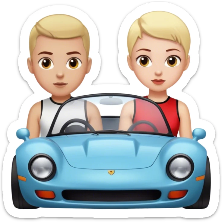 Blonde boy with a buzz cut and a girl with dark red hair in a sports car sticker