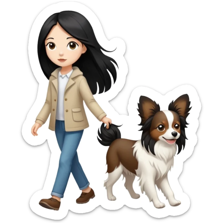 A girl with long black hair is walking a papillon dog, brown and white sticker