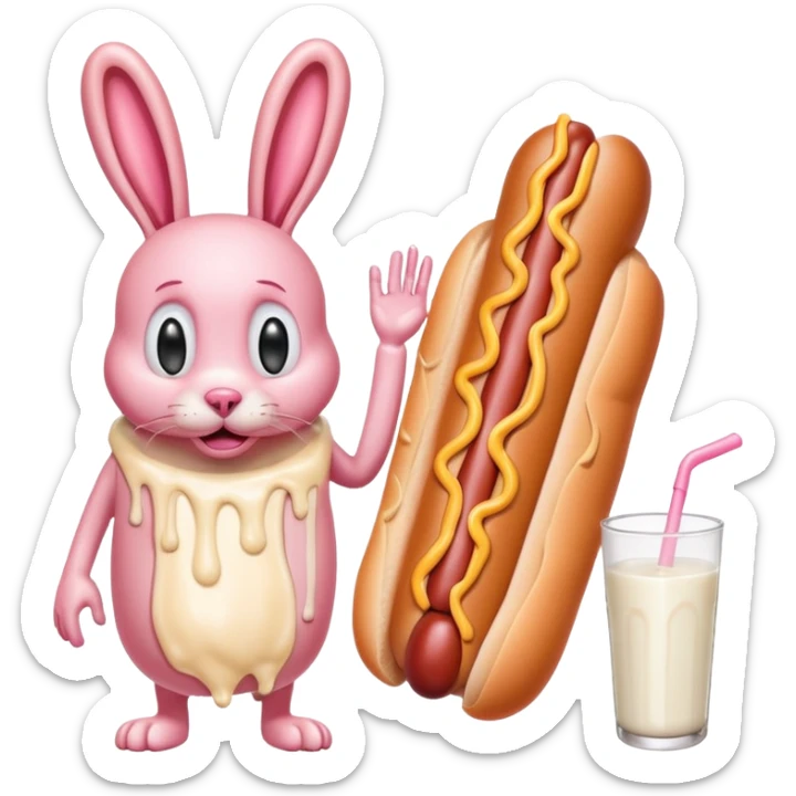 hot dog with exaggerated veins, dripping with mayonnaise and milk, next to a surprised humanoid bunny sticker