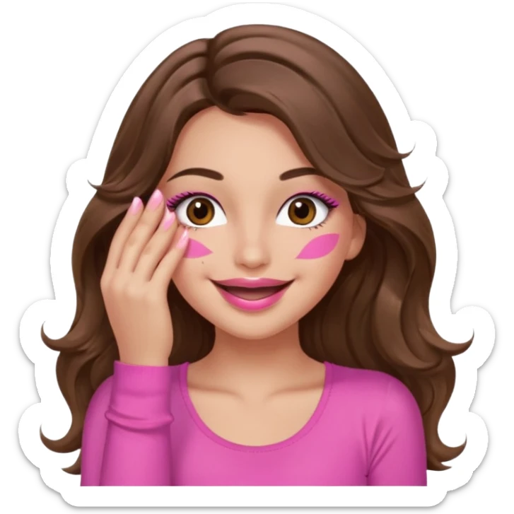 girl with long wavy brown hair, brown eyes, long lashes, sexy pink lips, light to medium complexion, wearing a pink sexy top, smiling, hands covering over the eyes sticker