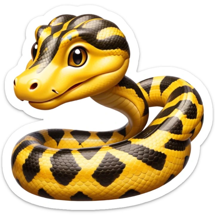 cinematic-cute-anaconda-portrait-emoji,-head-tilted-playfully-and-inquisitively,-with-a-sleek,-shimmering-body-adorned-with-detailed-scale-sriped patterns-and-round,-sparkling-eyes-full-of-wonder,-simplified-yet-irresistibly-adorable-features sticker