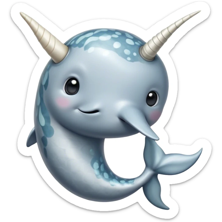 Cinematic Noble Cute Narwhal Portrait Emoji, Poised and graceful, with a streamlined, gently curved body clad in mottled, silvery-gray skin, accented by a long, spiraled ivory tusk and wide, expressive eyes radiating playful intelligence, Simplified yet sharp and sophisticated features, highly detailed, glowing with a cool, frosted ocean glow, high shine, intelligent and enigmatic, stylized with an air of whimsical marine majesty, focused and graceful, soft glowing outline, capturing the essence of a watchful and confident cute narwhal that appears ready to glide out of the screen with effortless charm! sticker