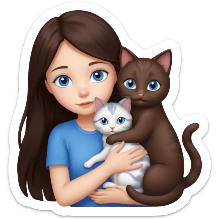 a pretty girl with long dark 
brown hair, with blue eyes, hugs 3 different natural coloured small cats sticker