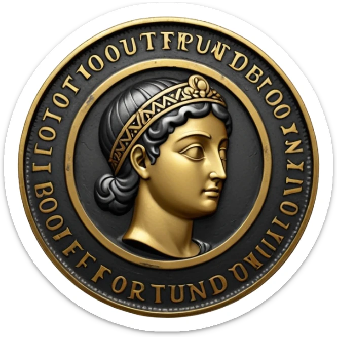 Emoji style, ancient coin made of blackened metal, “FORTUNA” engraved in refined fashion typography, heavy form, subtle worn metal texture, avant-garde editorial aesthetic, no glow, no neon, flat emoji design, centered, transparent background sticker