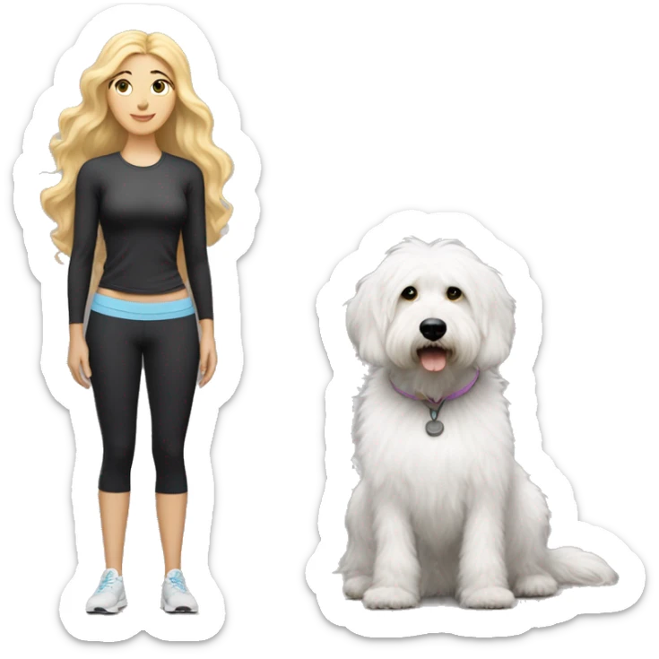 white woman with long blonde hair and cat shaped eyes wearing a yoga outfit standing alongside a black and white colored bernadoodle dog sticker
