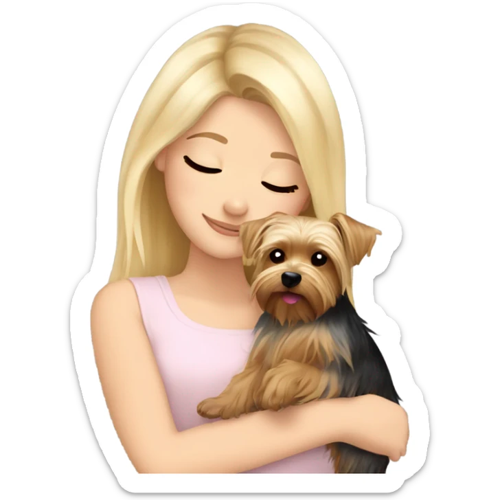White girl blonde hair closed eyes hugging Yorkshire terrier  sticker