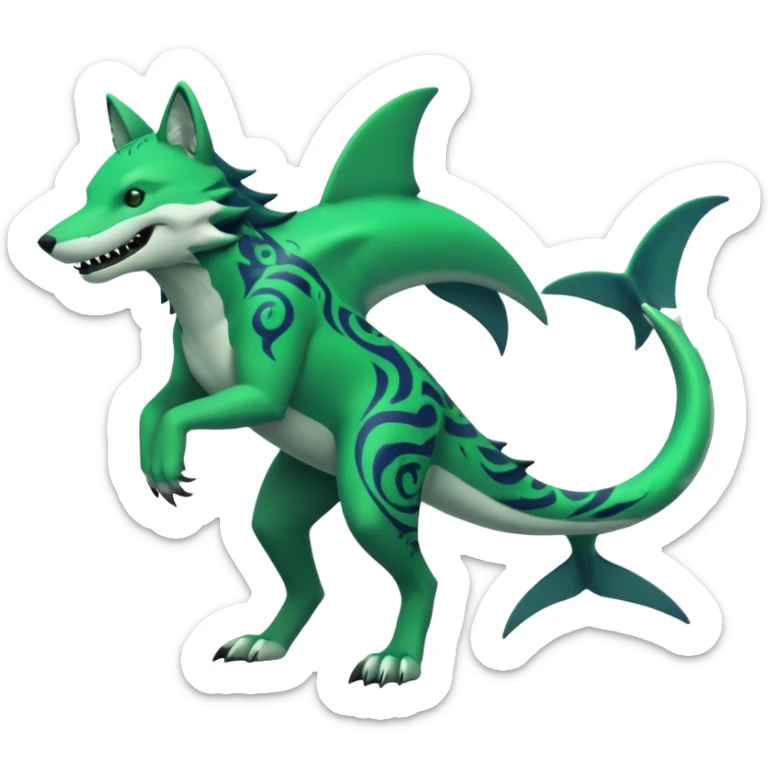 Edgy cool badass Neon-green landhai-sergal-wolf, with a shark tail, with black and dark-green swirly patterns markings sticker