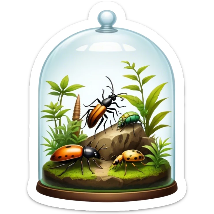 Close-up of home insects in a terrarium, showcasing beetles, praying mantises, and other exotic species in vivid detail, with natural textures of the terrarium. Soft lighting highlights their features. Transparent background. sticker