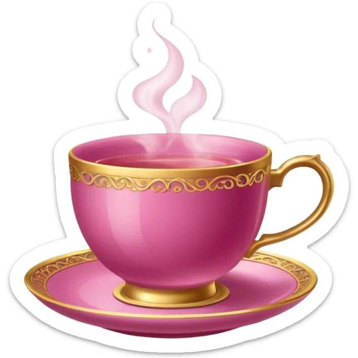 dark pink teacup, placed on a matching pink saucer, with gentle steam rising from the cup, golden details sticker