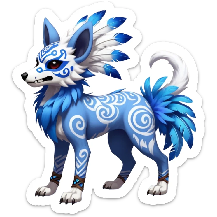 Furry cute colorful exotic tribal feral anime-styled Fakémon-Pokémon-animal-creature with a skull mask, and blue feathers around neck, and blue feathers, with long furry ears, long furry tail, 4 legs, (full body), with intricate pattern-markings, skulldog, sparkledog, fursona, skullwolf  sticker