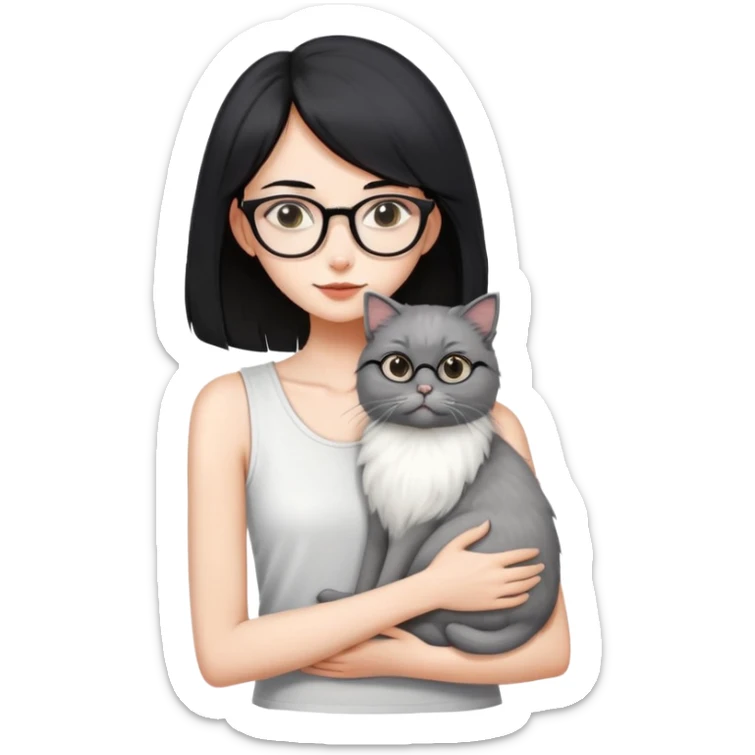 Skinny woman with oval glasses, shoulder length straight black hair, wearing white sleeveless top, hugging a grey Persian-Angora cat, plain background sticker