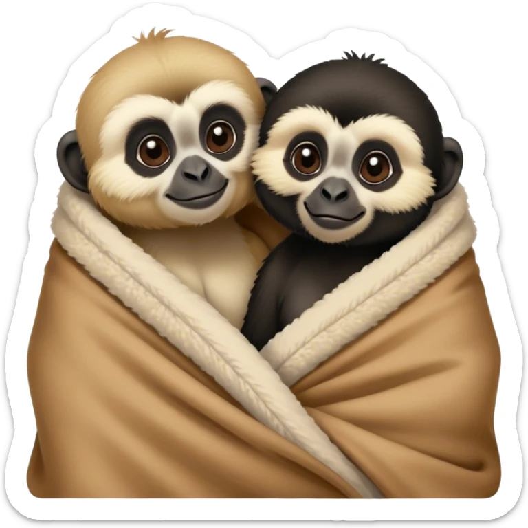 Two gibbons, one black and one tan, cozy snuggling in a blanket, cute Disney-style  sticker