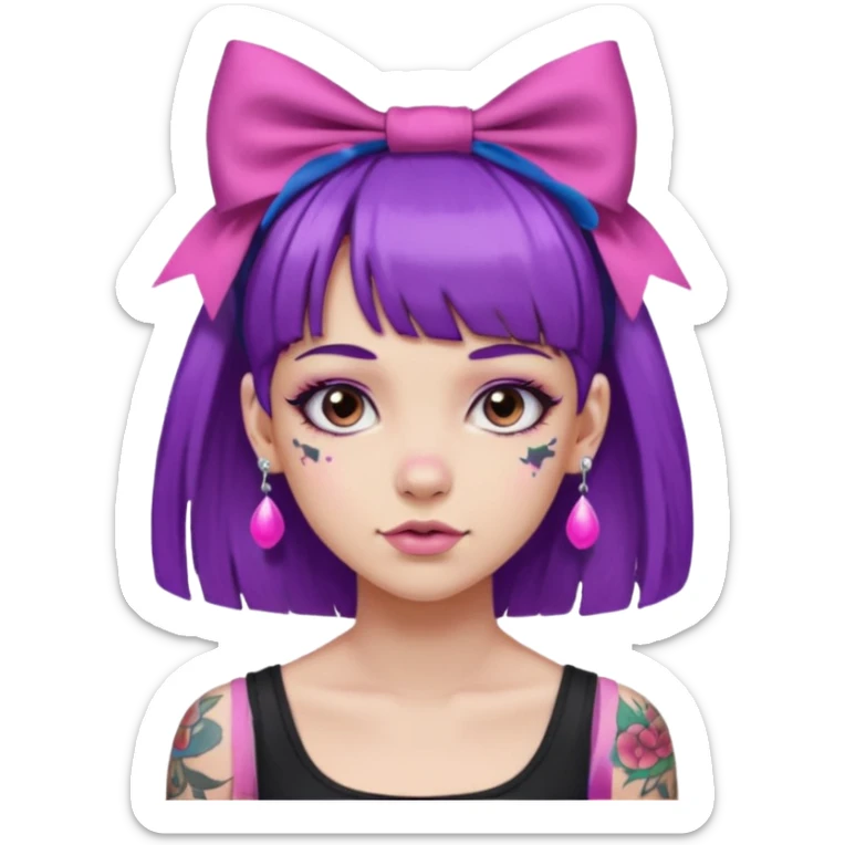 girl with bangs and purple hair and pink hairbow on the side of head and earrings and tattoos sticker