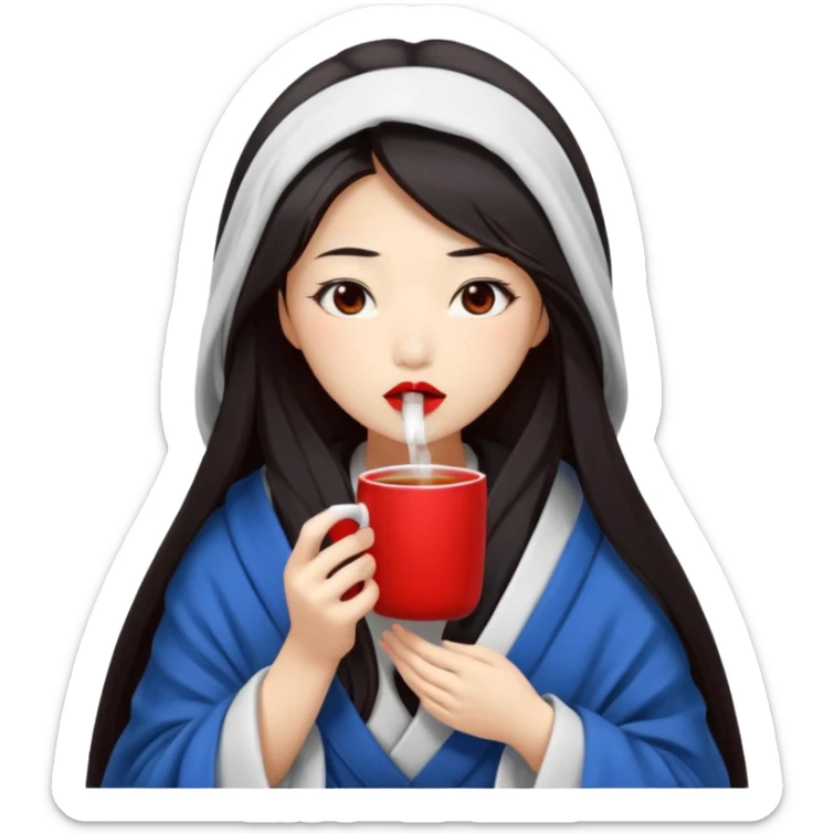 sexy asian japanese girl, red lips, long dark hair, feeling ill, sickness, nose is red due to sickness, fully covered by blanket - even head, holding tea mug in hands sticker