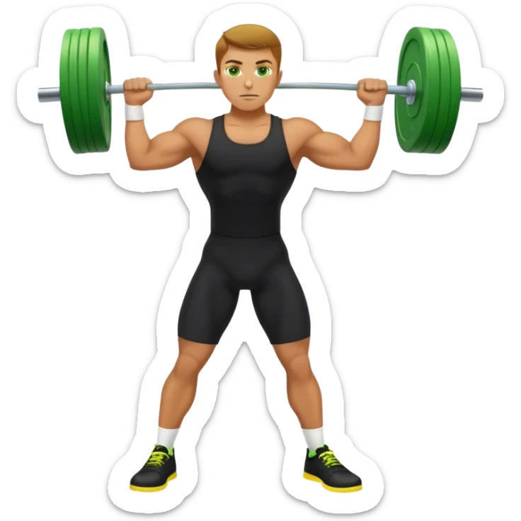 tanned guy green eyes black clothes yellow shoes clean and jerk exercise sticker