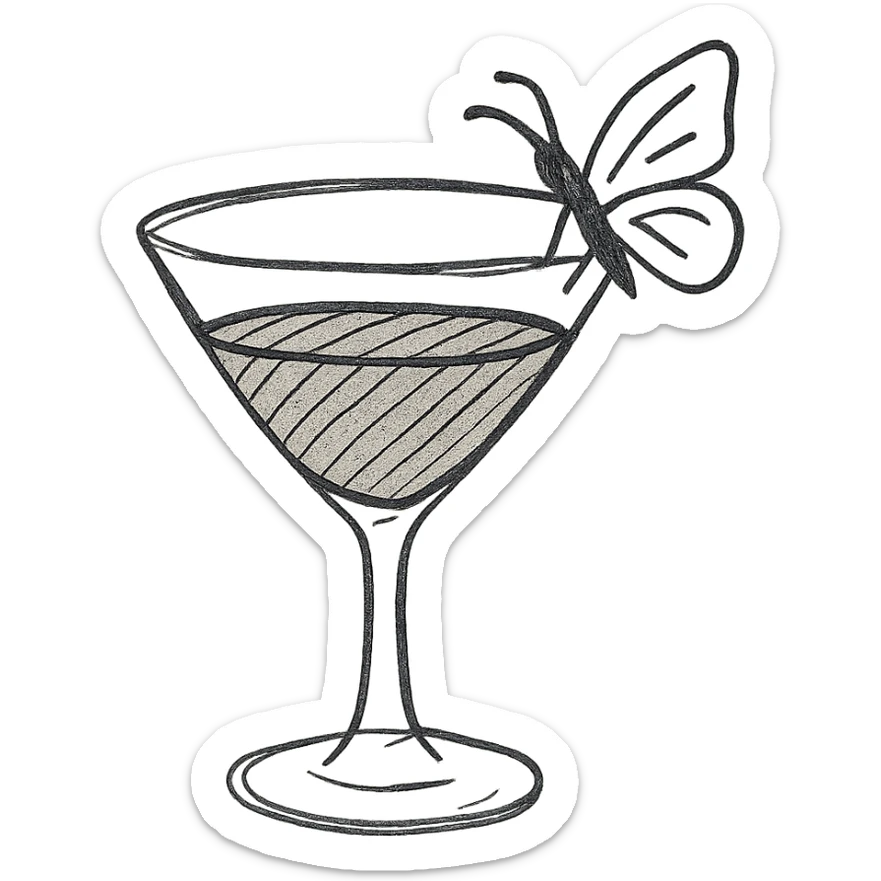 cocktail glass with burgundy drink and a butterfly perched on the rim, hand drawn style sticker