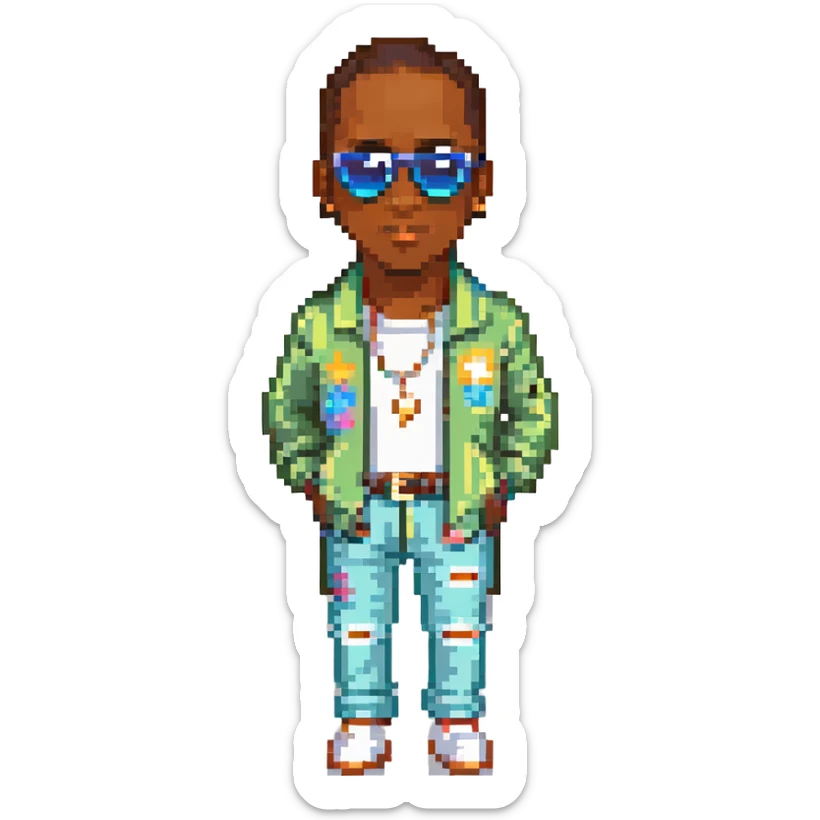 Diddy, the famous rapper and music producer, depicted in a fun and recognizable way, with sunglasses and stylish clothing, pixel art style sticker