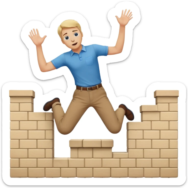 Blonde man with blue eyes wearing brown trousers and cream shirt jumping over a wall sticker