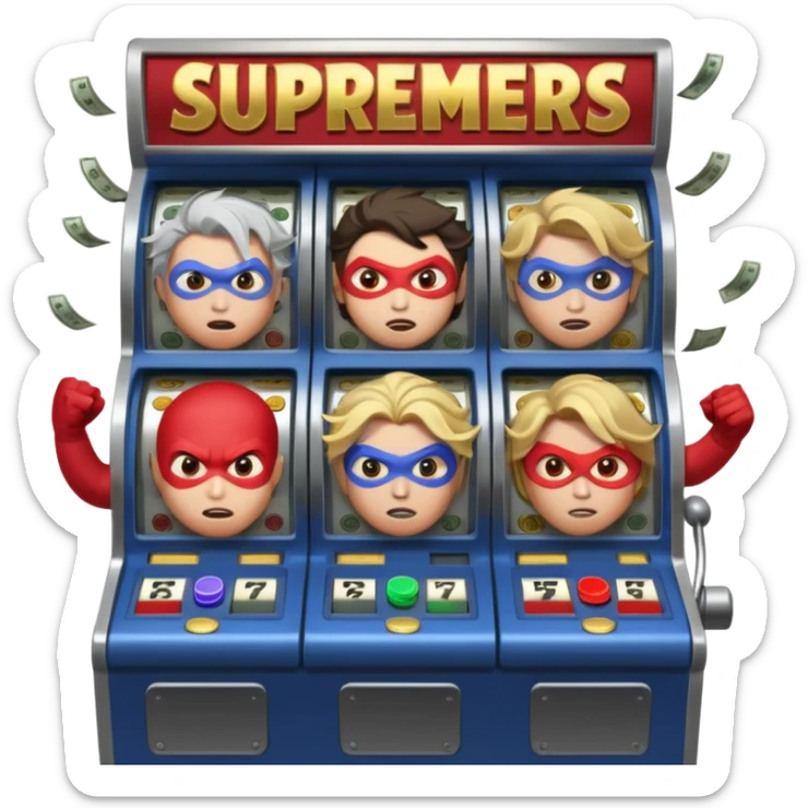 disheveled super heros losing money at a slot machine, panicked face, coins flying sticker