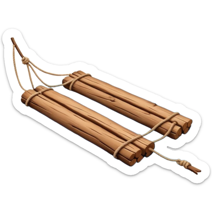 showing a simple wooden raft floating on calm blue water — made of several brown logs tied together with rope — gentle ripples around it — bright, cheerful lighting and soft shadows — minimalist, clean emoji design sticker