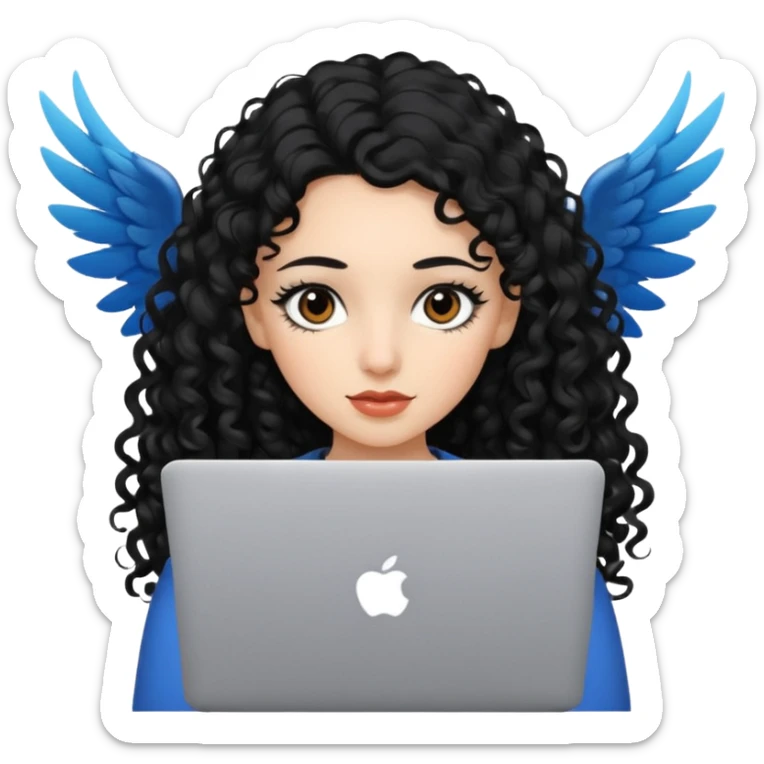 a girl using the mac book air with long black curly hair and brown eyes with winged black eyeliner sticker