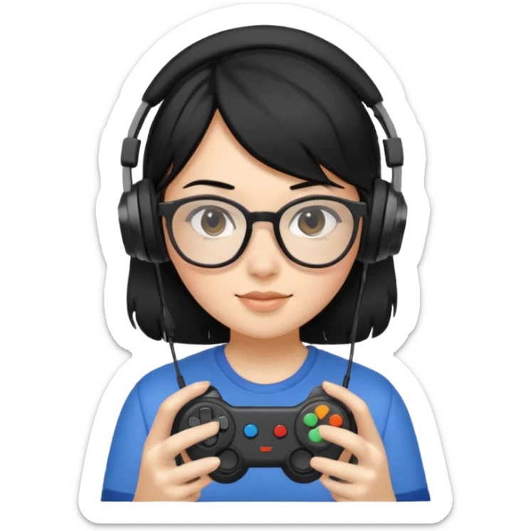 
gamer, black hair girl with glasses, headphone, gamepad sticker