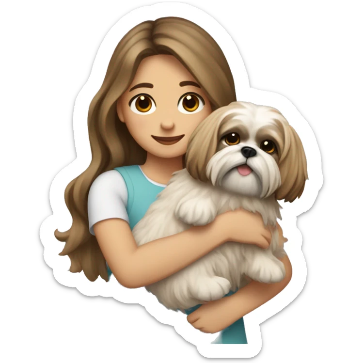 a girl with long, wavy brunette hair hugging a Shih Tzu with blonde fur and a cute bow sticker