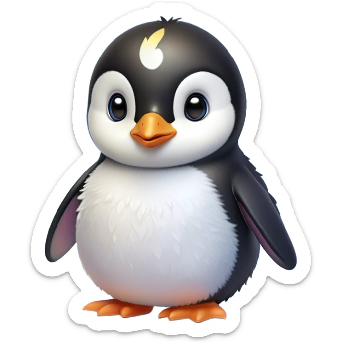 Cinematic Cute Baby Penguin Portrait Emoji, Head tilted playfully and inquisitively, with irresistibly fluffy plumage accented by a tiny beak and round, sparkling eyes filled with wonder, Simplified yet irresistibly adorable features, highly detailed, glowing with a warm, friendly polar glow, high shine, affectionate and lively, stylized with a touch of whimsical charm, bright and endearing, soft glowing outline, capturing the essence of a mischievous yet loving penguin that feels like it could slide out of the screen into your arms! sticker