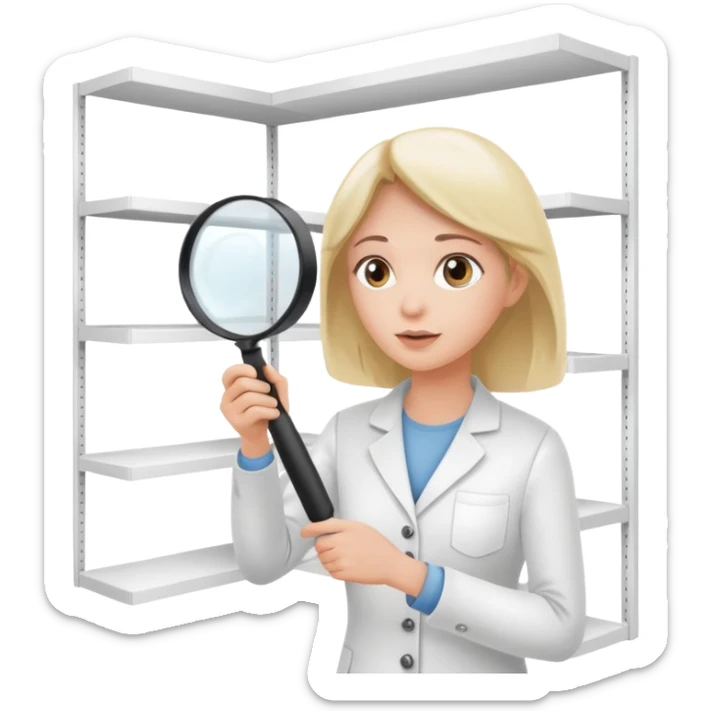 emoji of white empty shelf in perspective view with a standing woman nearby, she is looking at the shelfs with a magnifying glass, she is turned to the shelfs sticker