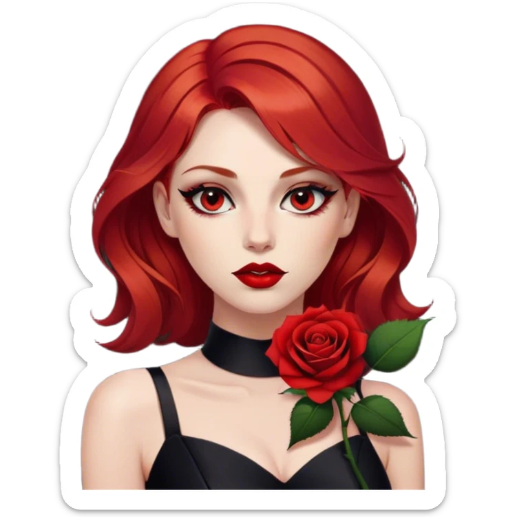 a beautiful angry woman with red hair and red eyes. The woman wear a black little cutted dress. She have red lipstick and she have a seductive look. She have a rose flower in her hair sticker