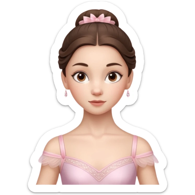 Cinematic Realistic ballerina Portrait, depicted with lifelike skin texture, subtle rosy undertones, and soft natural lighting that enhances the gentle contours of her face. Her intricately detailed sweet brunette hair is elegantly styled, sticker