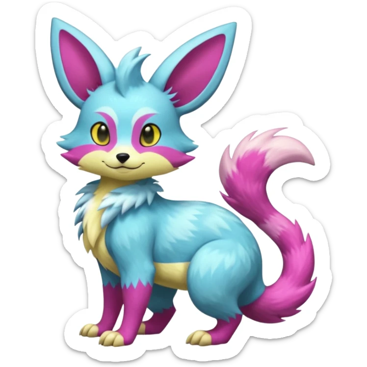 Shiny smooth silky soft Cyan-Yellowish-Magenta Minccino-Zeraora-Emolga-Vernid-Sergal-fusion-hybrid-animal-creature, full body sticker