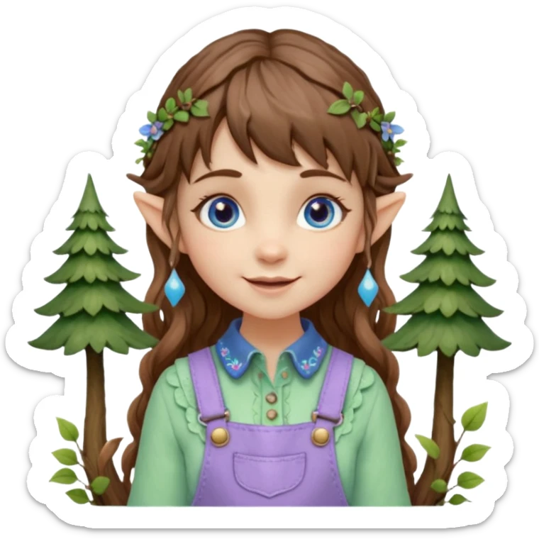 Kind happy whimsical quirky Girl toymaker, wood carving elf. Woodland nature creator. Blue eyes. brown hair (short just-below chin length) wavy hair & bangs. Whimsical playful cute. Overalls with nature embroidered cute shirt collar. Light green, light purple and light blue colour aesthetic  sticker