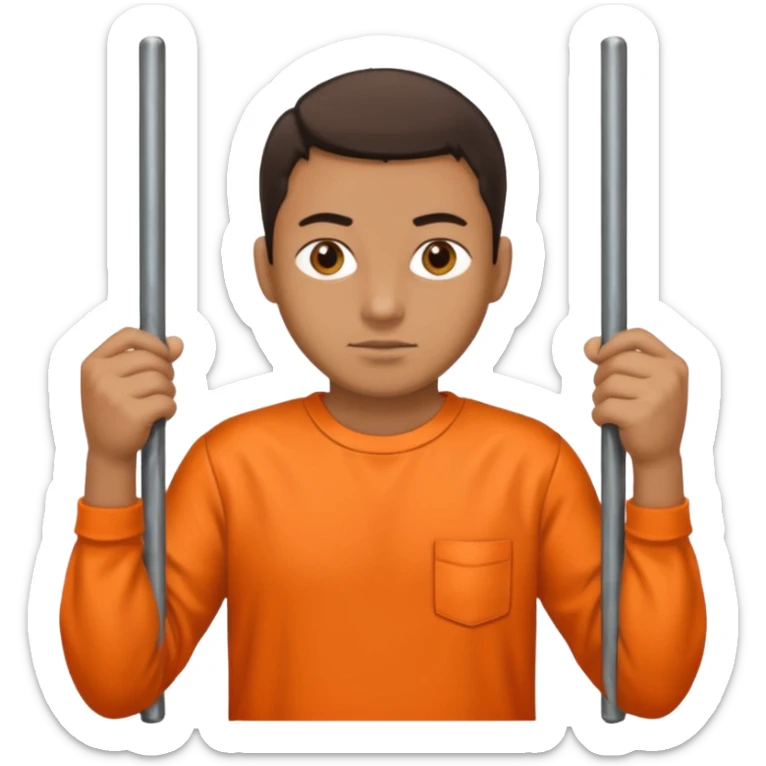 prisoner with orange shirt, metal bars in front of him and he holds the bars sticker