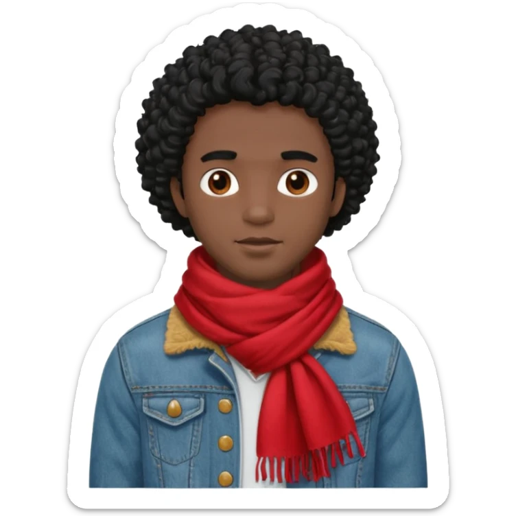 black skin man, curly black hair wear big red scraft, jean jacket sticker