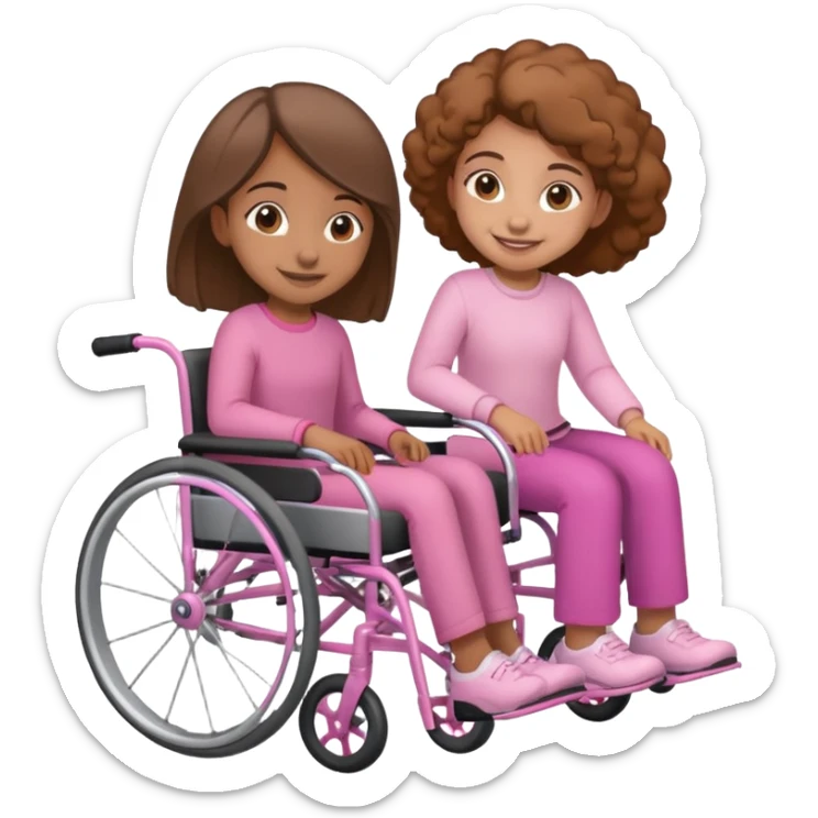 One light brown sister pushing her brown sister in a pink wheelchair sticker