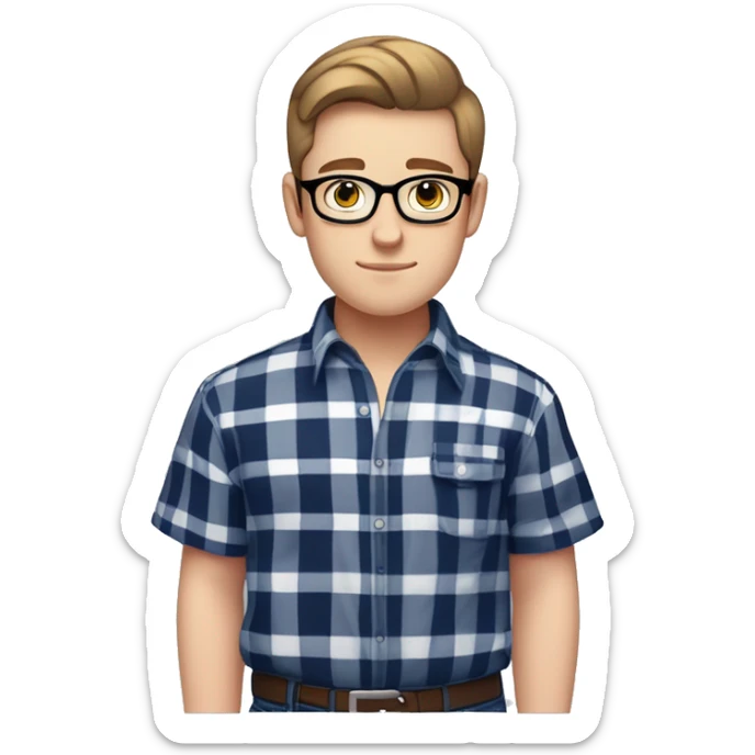 A chubby young white male teenager with facial stubble, thick black glasses, neatly trimmed short brown hair, exuding confidence, clad in a navy blue and white checked plaid short sleeve shirt that is unbuttoned with a white t-shirt underneath. sticker